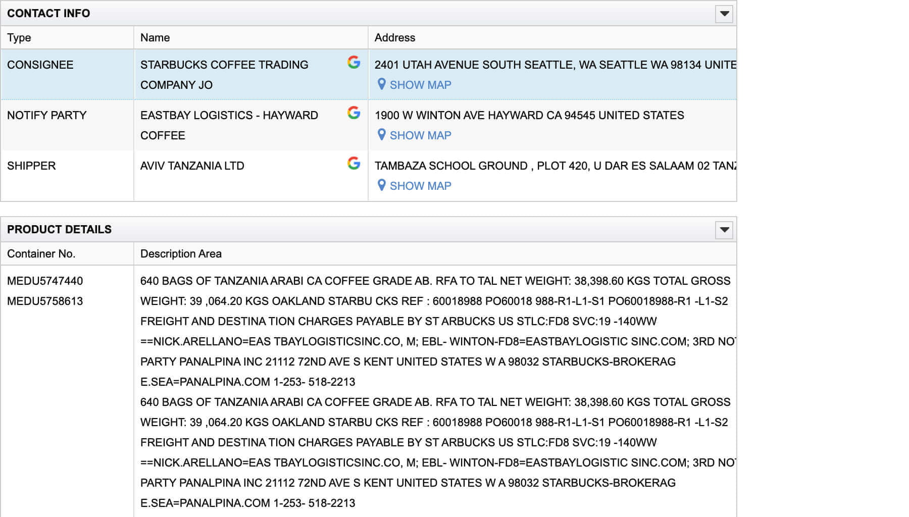 Shipment details Screenshot